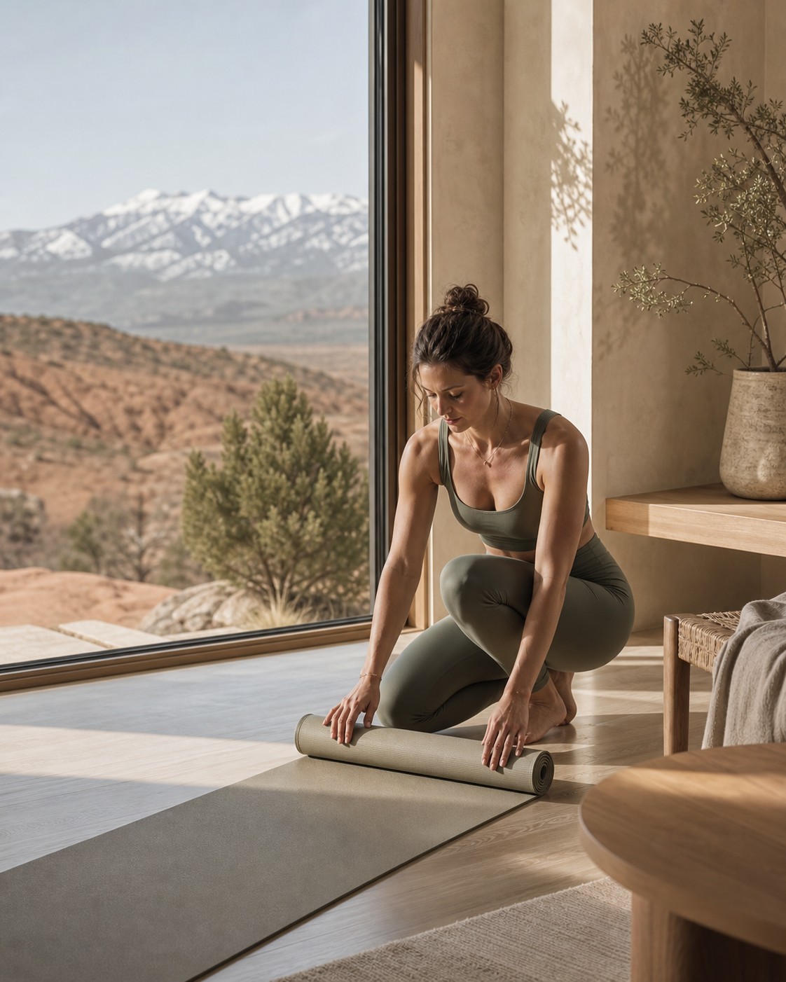 Private wellness instructor preparing a yoga mat in a serene Utah home